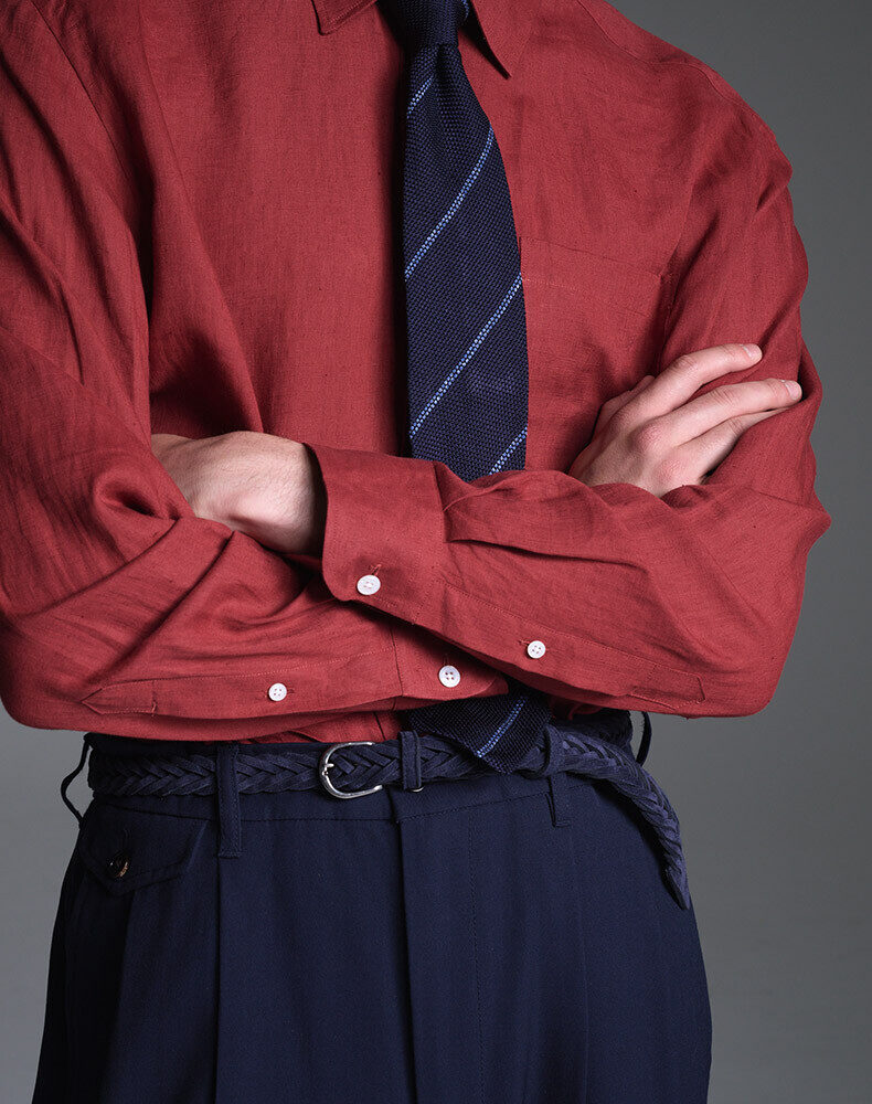 Linen Wide Stripe Long Sleeve Point Collar Shirt, view 4
