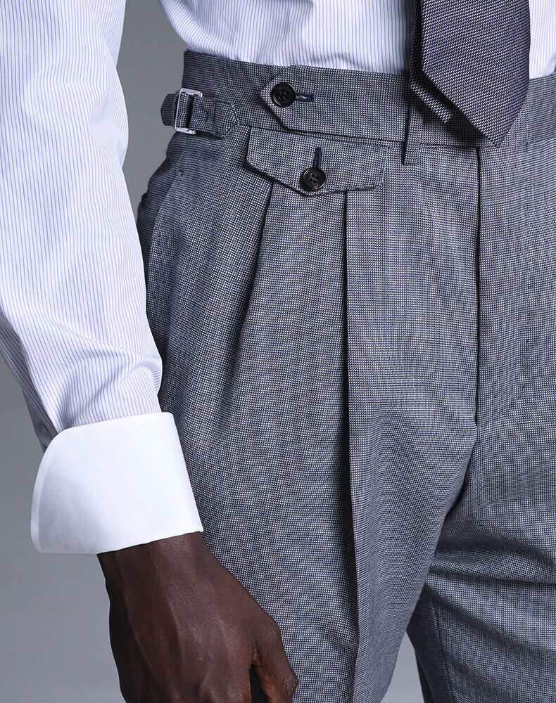 Wool Silk Linen Pinstripe Double Pleated Trousers, view 4