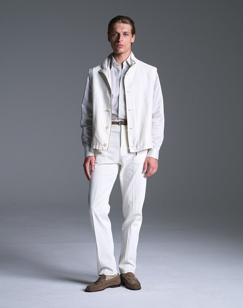 Wool Silk Linen Pinstripe Double Pleated Trousers
