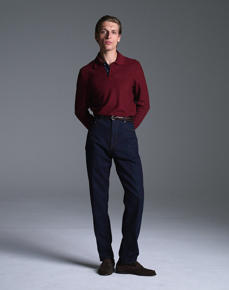 Cotton Chambray Stripe Long Sleeve Half Spread Collar Shirt